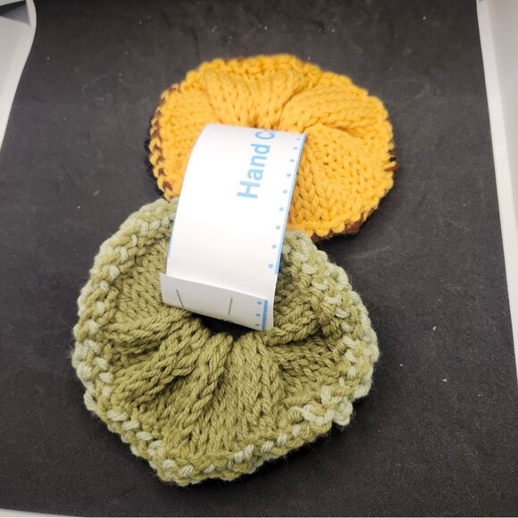 Hand Crafted Knit Scrunchies Yellow Green Jumbo Hair Band Accessory Set of 2 - Picture 8 of 10